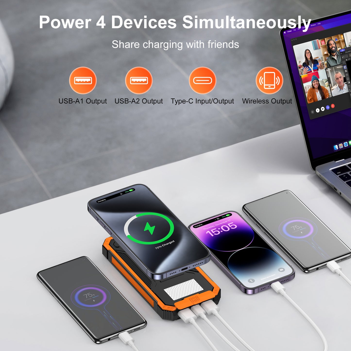 Tik cross-border outdoor waterproof wireless charging solar power bank 20000 mAh fast charging emergency mobile power bank