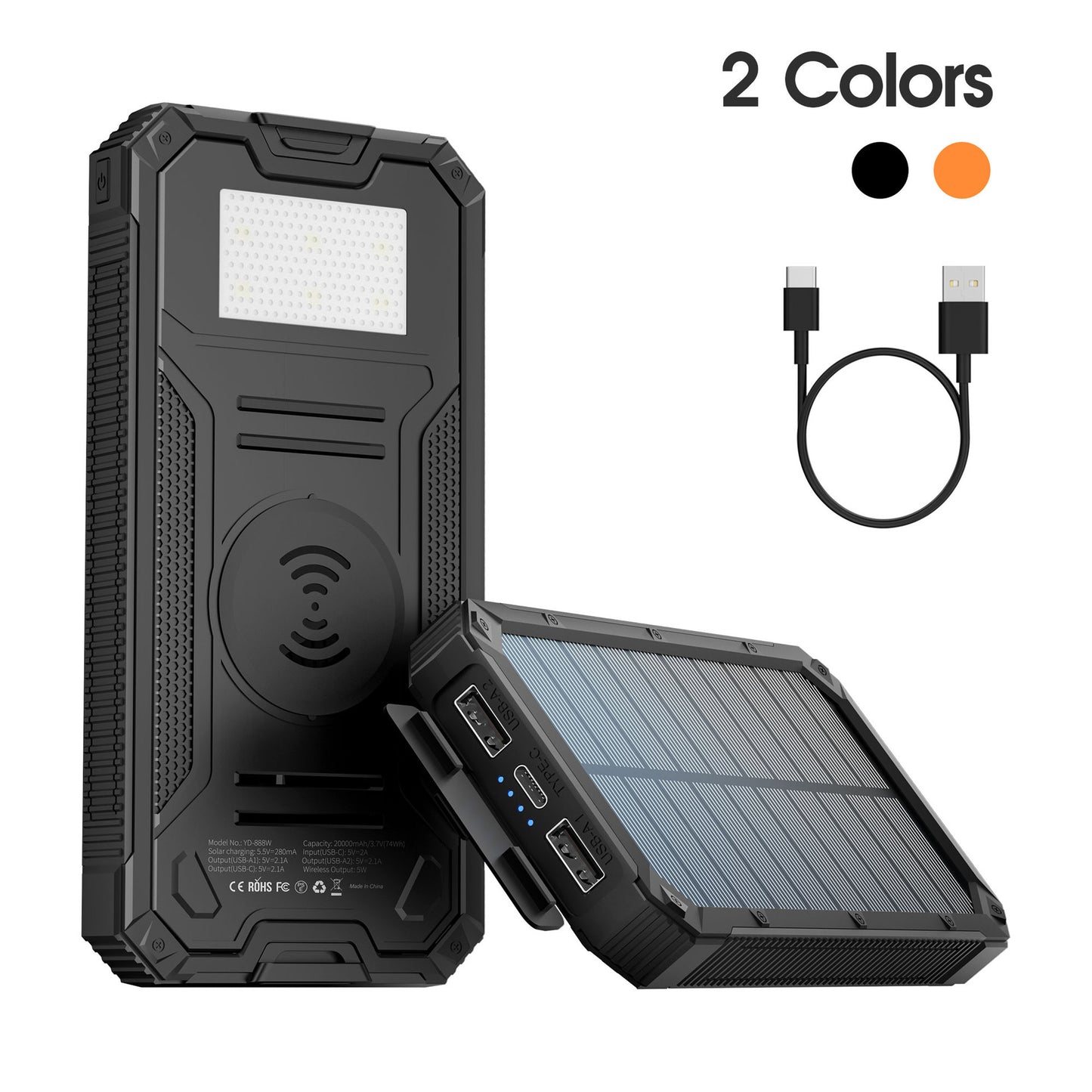 Tik cross-border outdoor waterproof wireless charging solar power bank 20000 mAh fast charging emergency mobile power bank