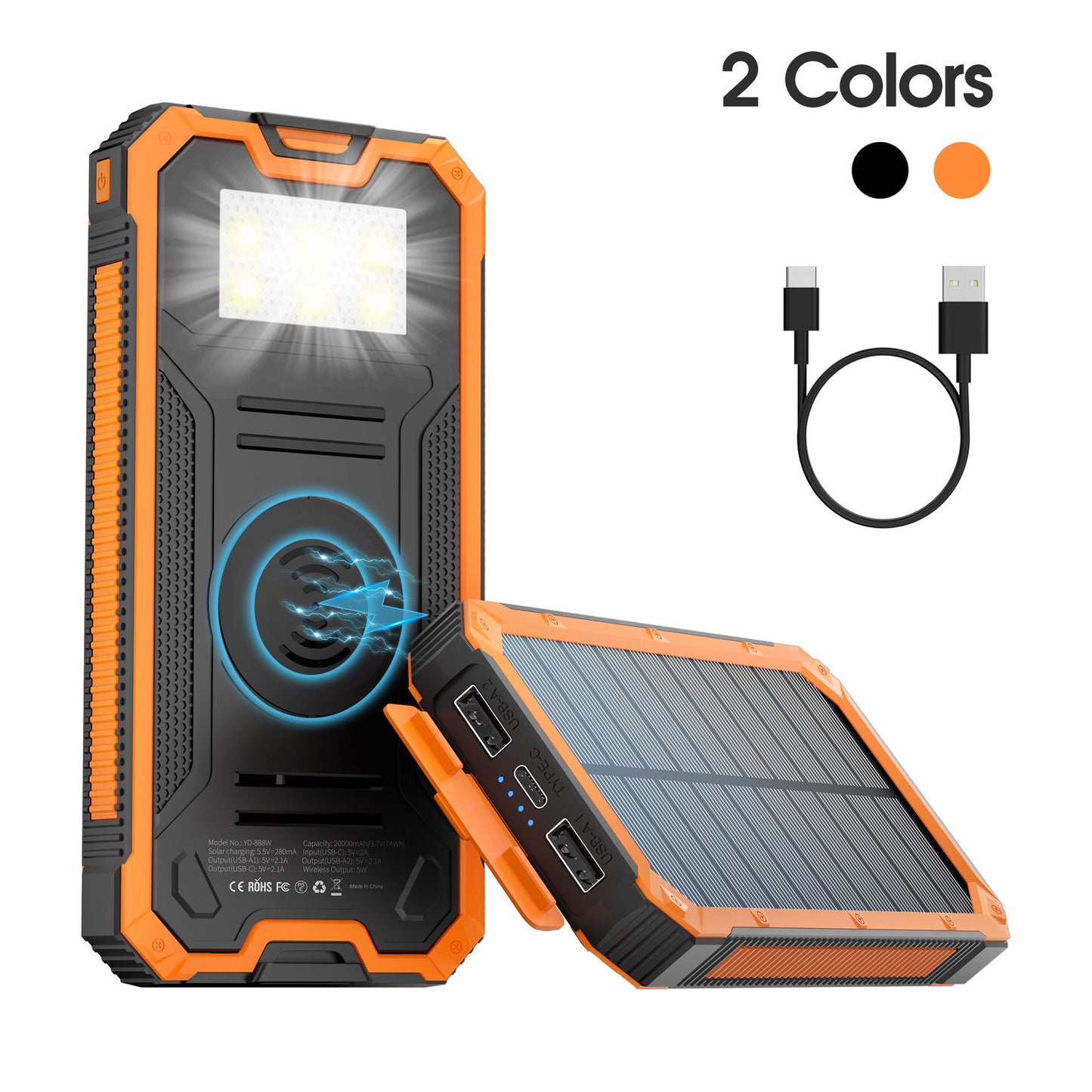 Tik cross-border outdoor waterproof wireless charging solar power bank 20000 mAh fast charging emergency mobile power bank
