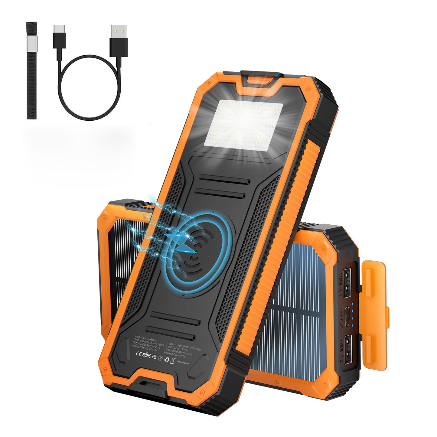 Tik cross-border outdoor waterproof wireless charging solar power bank 20000 mAh fast charging emergency mobile power bank