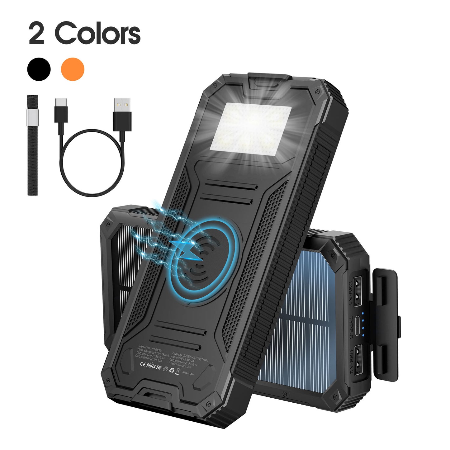 Tik cross-border outdoor waterproof wireless charging solar power bank 20000 mAh fast charging emergency mobile power bank