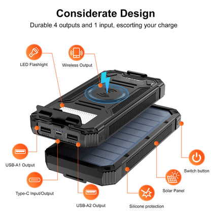 Tik cross-border outdoor waterproof wireless charging solar power bank 20000 mAh fast charging emergency mobile power bank